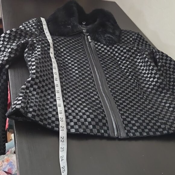 Vintage St. John Black Textured Women's Jacket With Rabbit Fur Collar Zipper M - Picture 11 of 16